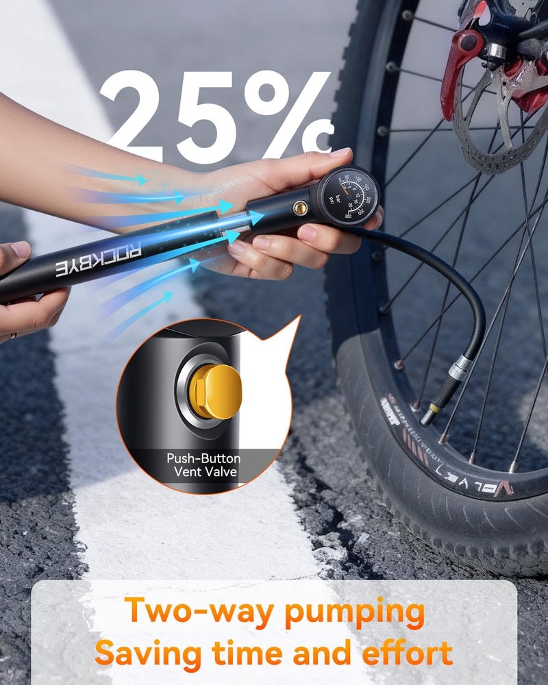 Onvian مضخة دراجة محمولة مع مقياس، 300 PSI مضخة هواء عالية الضغط لإطارات الدراجات ومضخة صدمات، مضخة يد صغيرة لصمامات بريستا وشرايدر، تعليق أمامي وخلفي، زر تفريغ الهواء - Image 5
